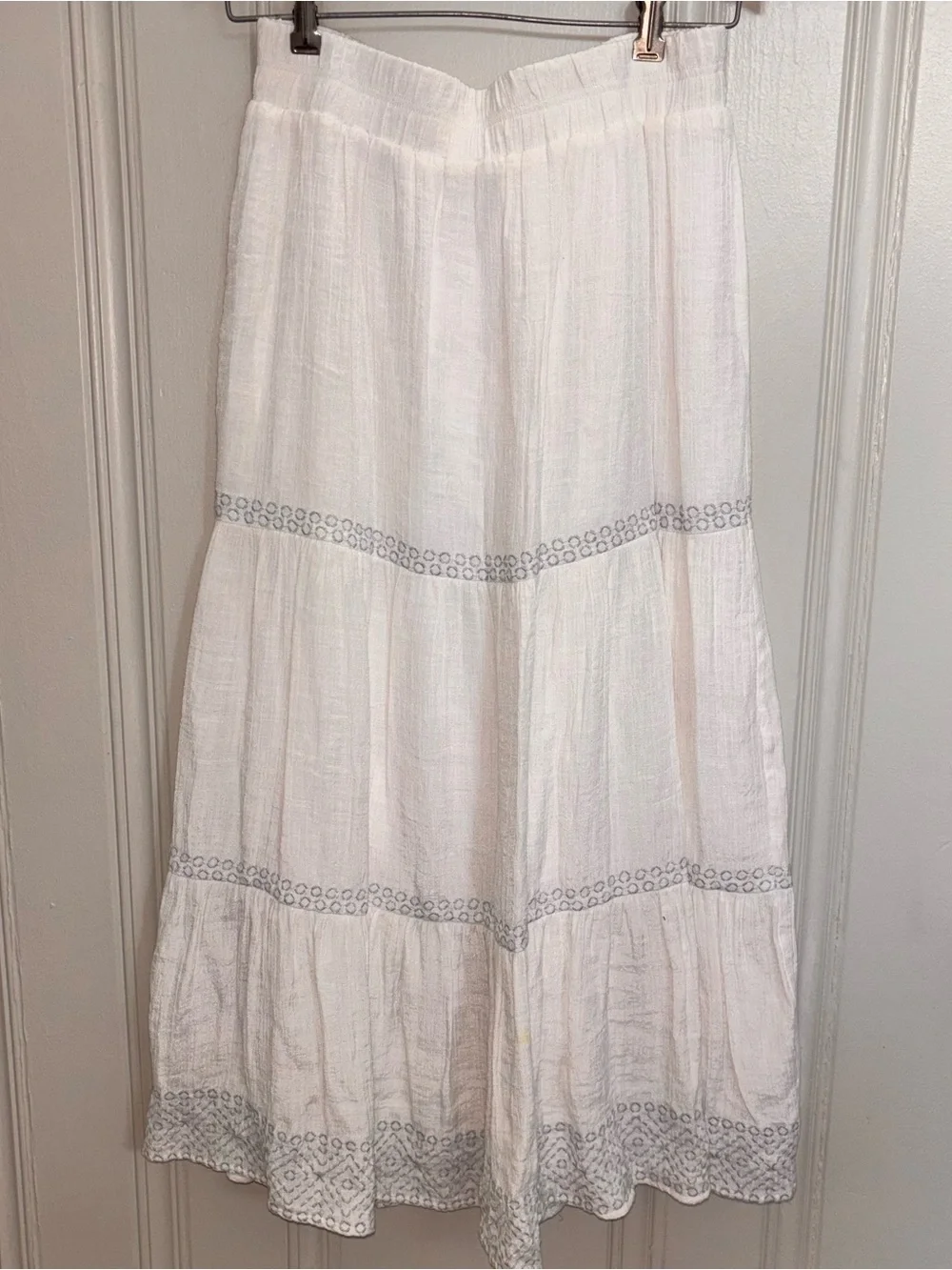 White pull on tiered midi skirt pastel blue embroidery, prairie teacher cottage
